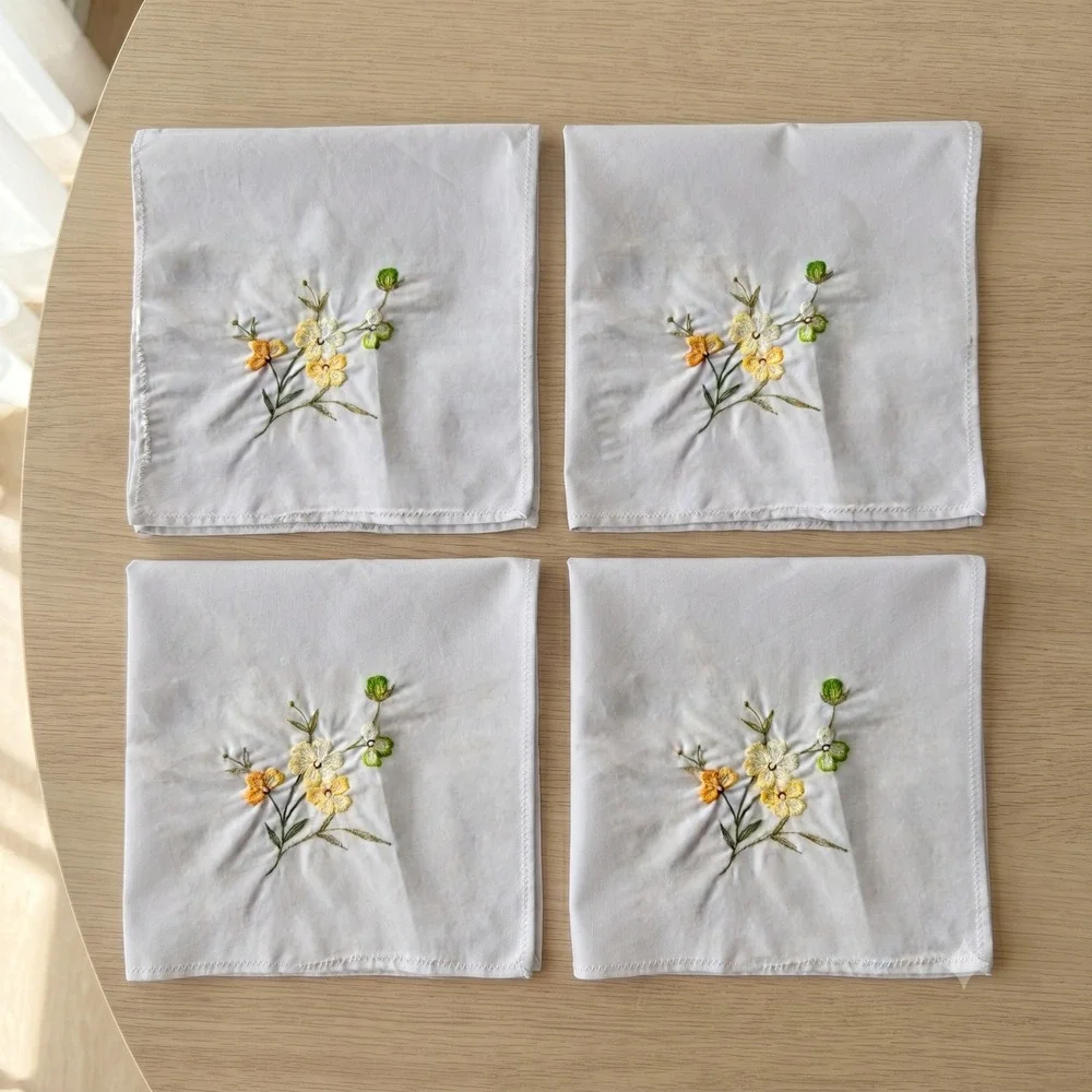 Vintage White Cotton Handkerchief Set 4pc Yellow Orange Floral Embroidered 15in
